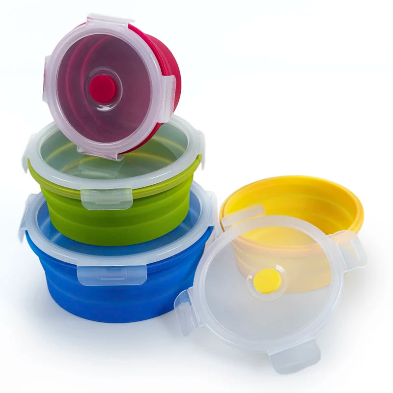 BPA Free Collapsible Silicone Folding Lunch Box with Plastic Lid for Food Storage in Kitchen