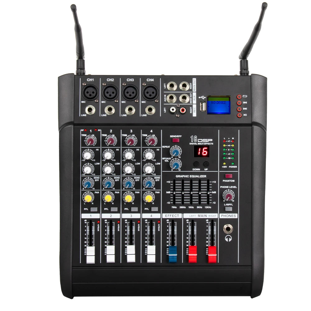 Professional Build-in Power Amplifier 4 Way Audio Mixer with Dual Wireless Microphones 4 Channel Power Powered Audio Mixer