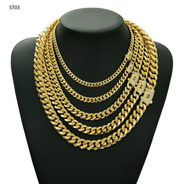Wholesale 14K 18K Gold PVD Stainless Steel Cuban Link Necklace Men 6mm-10mm Miami Curb Spring Clasp Zircon Pearl Main Stone Gold