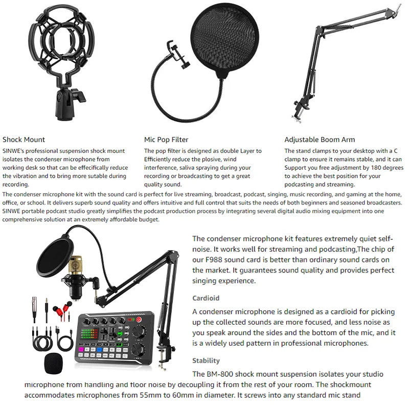 Podcast Equipment Bundle Sound Card DJ Mixer Portable ALL-IN-ONE Podcast Production Studio Sound Board with Condenser Microphone