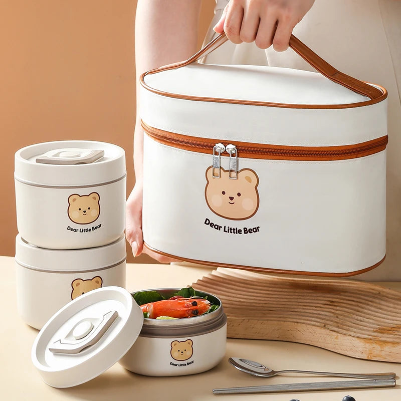 Cute Kid-Sized School Lunch Box Portable 304 Stainless Steel Vacuum Soup Container with Insulated Bag for Hot Food Storage