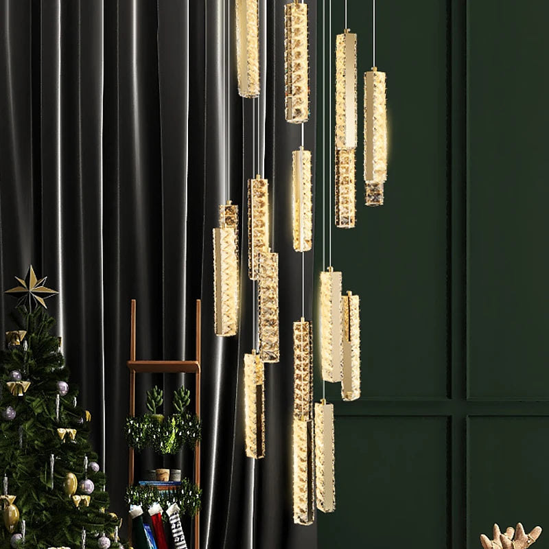 Modern Luxury Large High Ceiling Spiral Stairs Lamp Led Pendant Light Long Staircase Crystal Chandelier