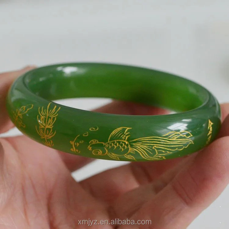 Certified Natural Hetian Jasper a Jade Bracelet Spinach Green Gold Inlaid Jade Pine Crane Jade Bracelet