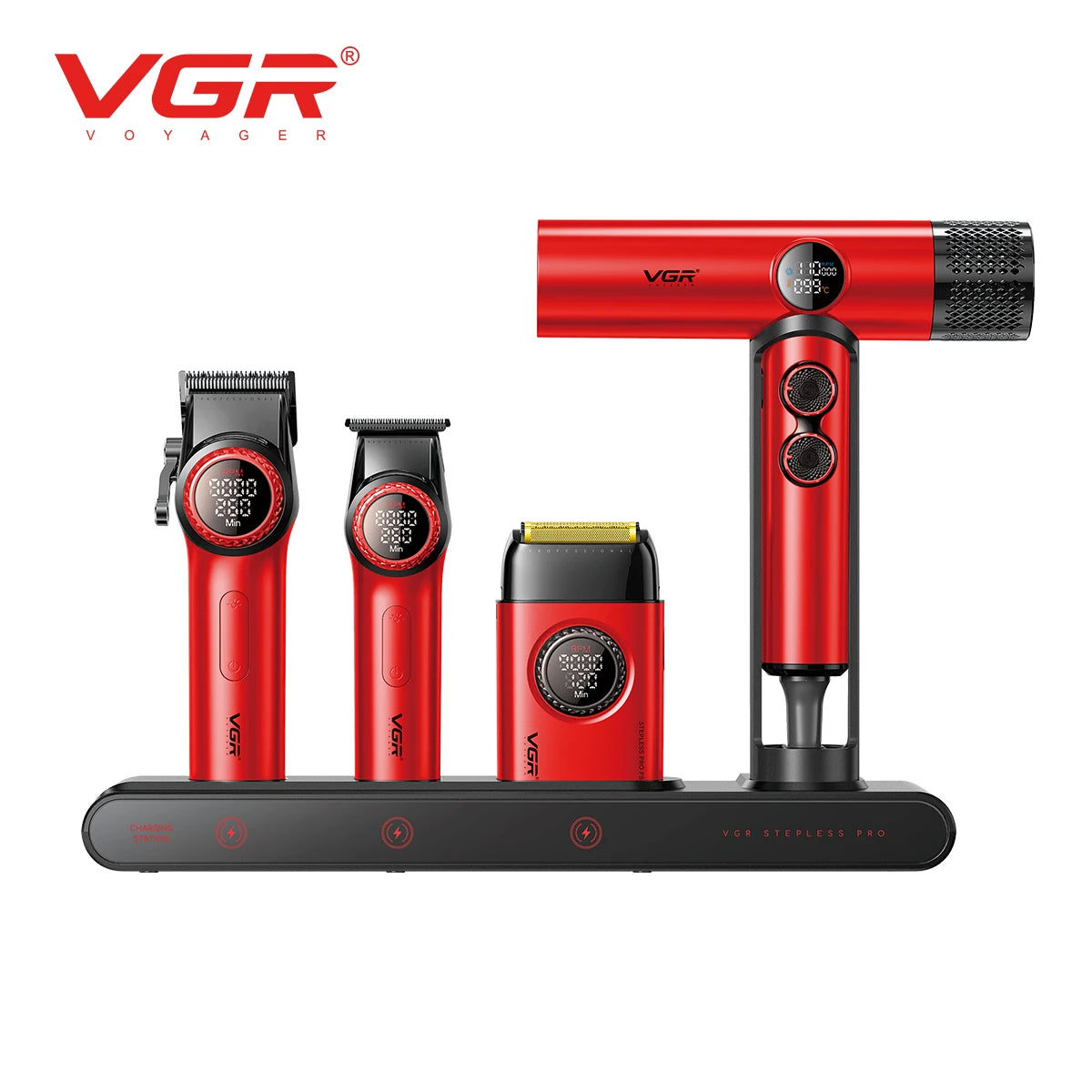 VGR 4IN1 Steplerss PRO 9000RPM Hair Clipper Trimmer Hair Dryer 11000RPM High Speed Professional Barber Tools Kit
