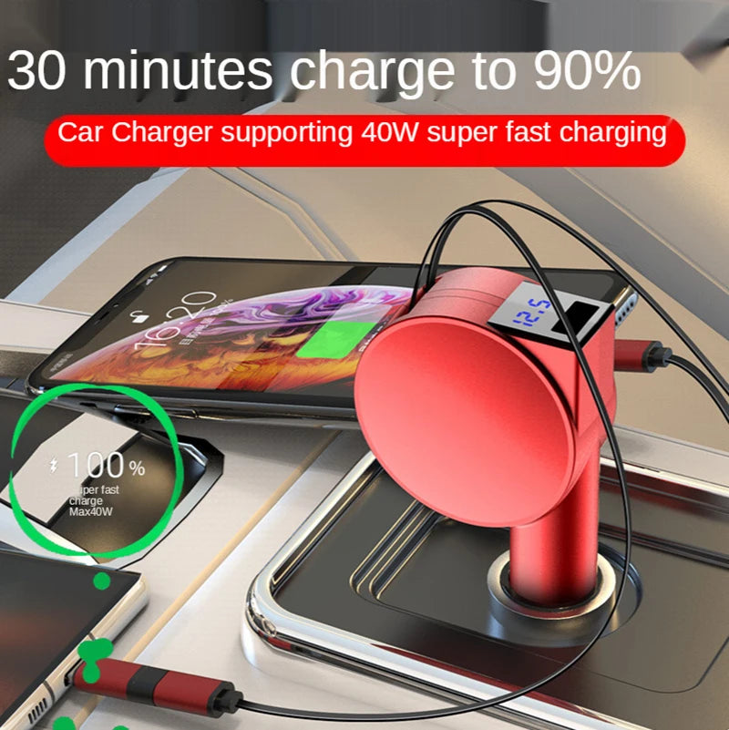 New 60W Super Fast Charging 3-in-1 Electric Car Charger Telescopic Charging Cables Adapters Android IOS Phone US Socket 3A