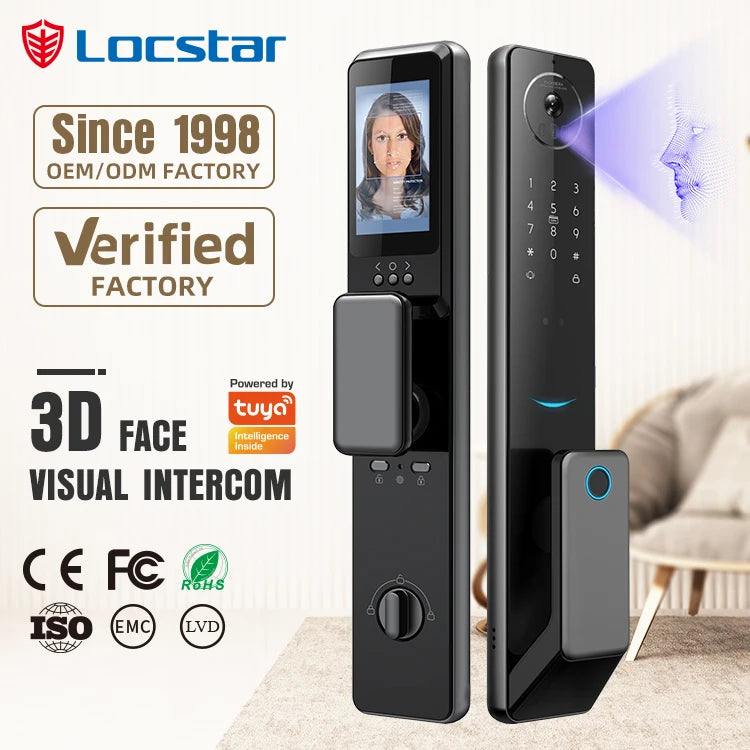 Locstar 3D Face Palm Vein Recognition Smart Fingerprint Digital Biometric Safe Tuya Wifi Door Lock With Camer and Doorbell