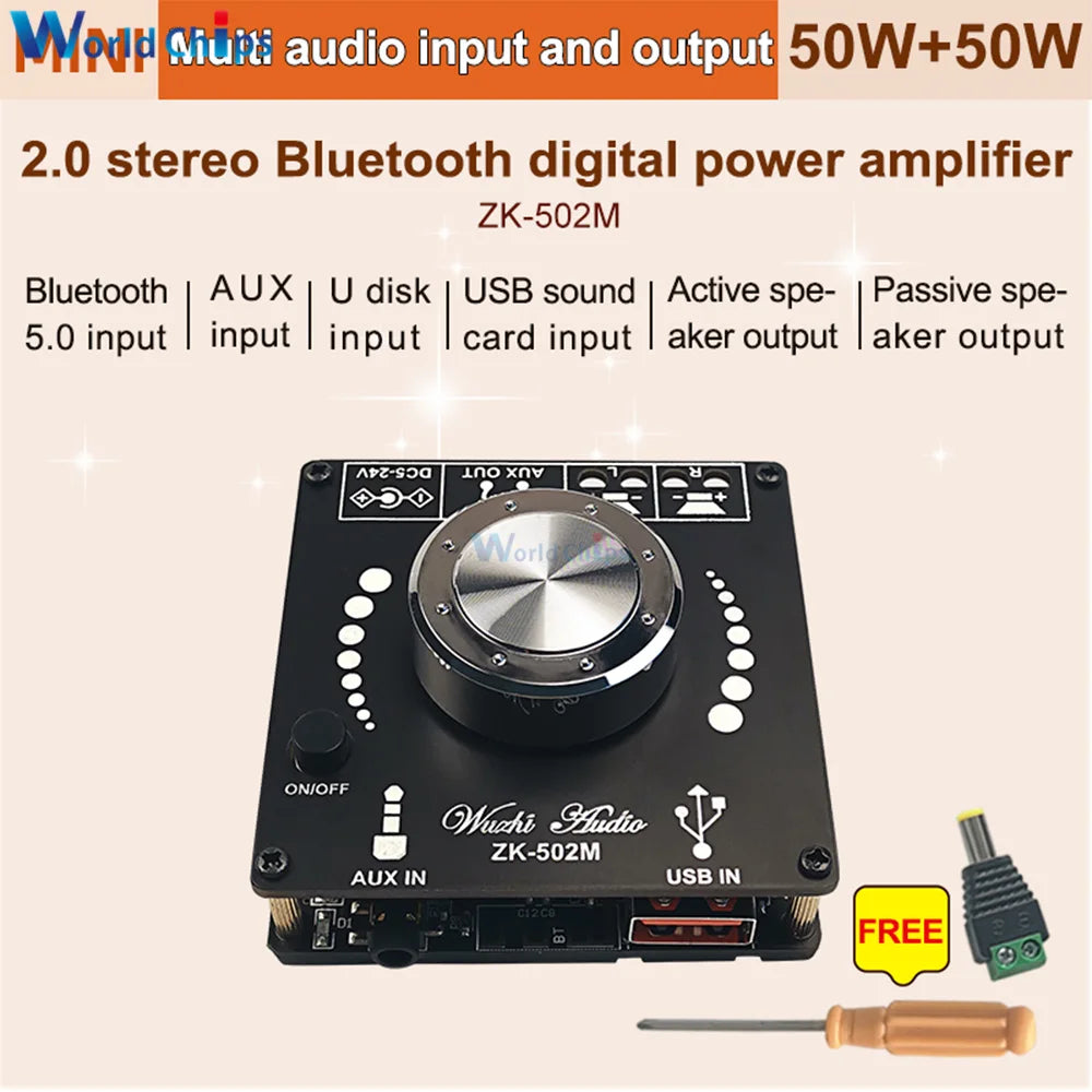 MINI ZK-502M Bluetooth Amplifier Board 50W+50W Stereo Audio AMP AUX USB Volume Control For Home Theater Speakers
