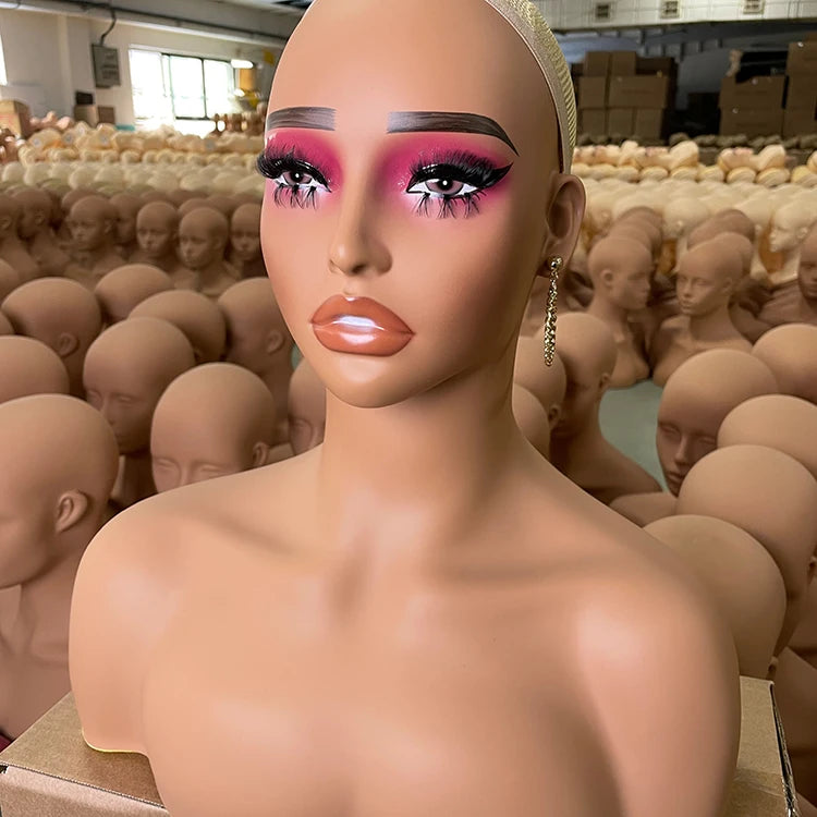 Mode Makeup Female Mannequin Head Display Black Tete De Stand with Realistic Shoulders Wig Displays