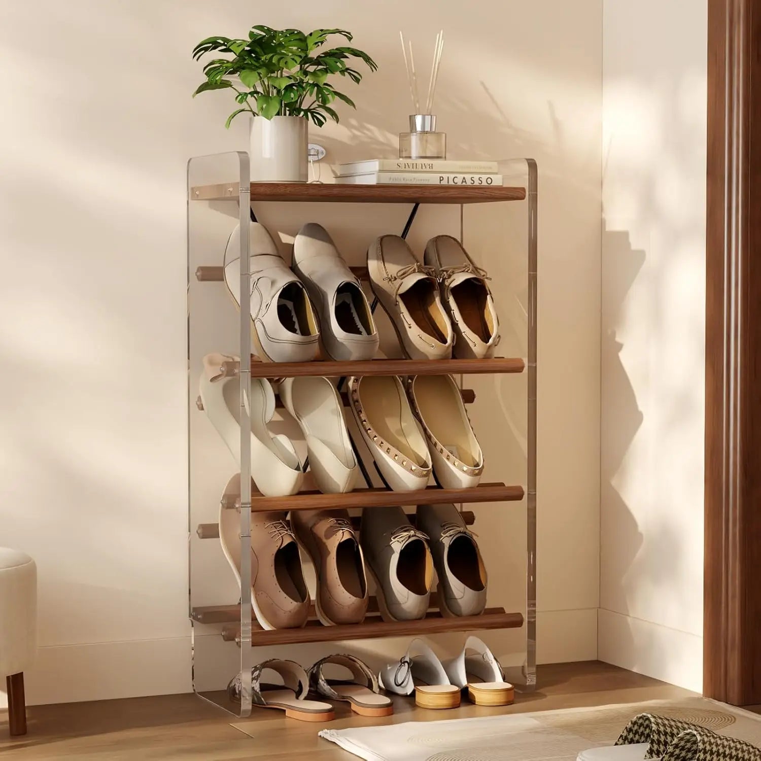 Free Standing Solid Wood 4-Tier Slanted Shoe Rack for Small Spaces Entryway & Front Door Garage Modern Design Style