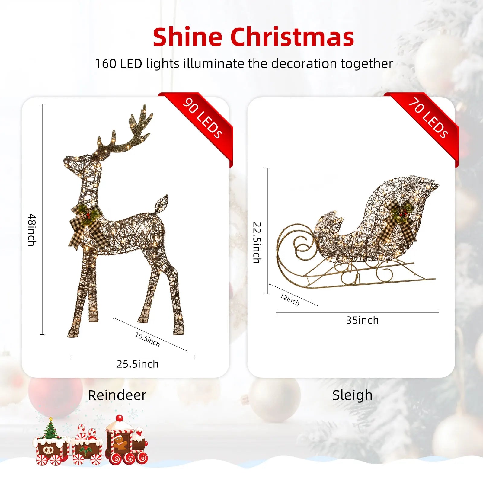 Christmas decorative lights, Christmas reindeer sleigh, two-piece set, outdoor, garden, lawn, and patio decoration