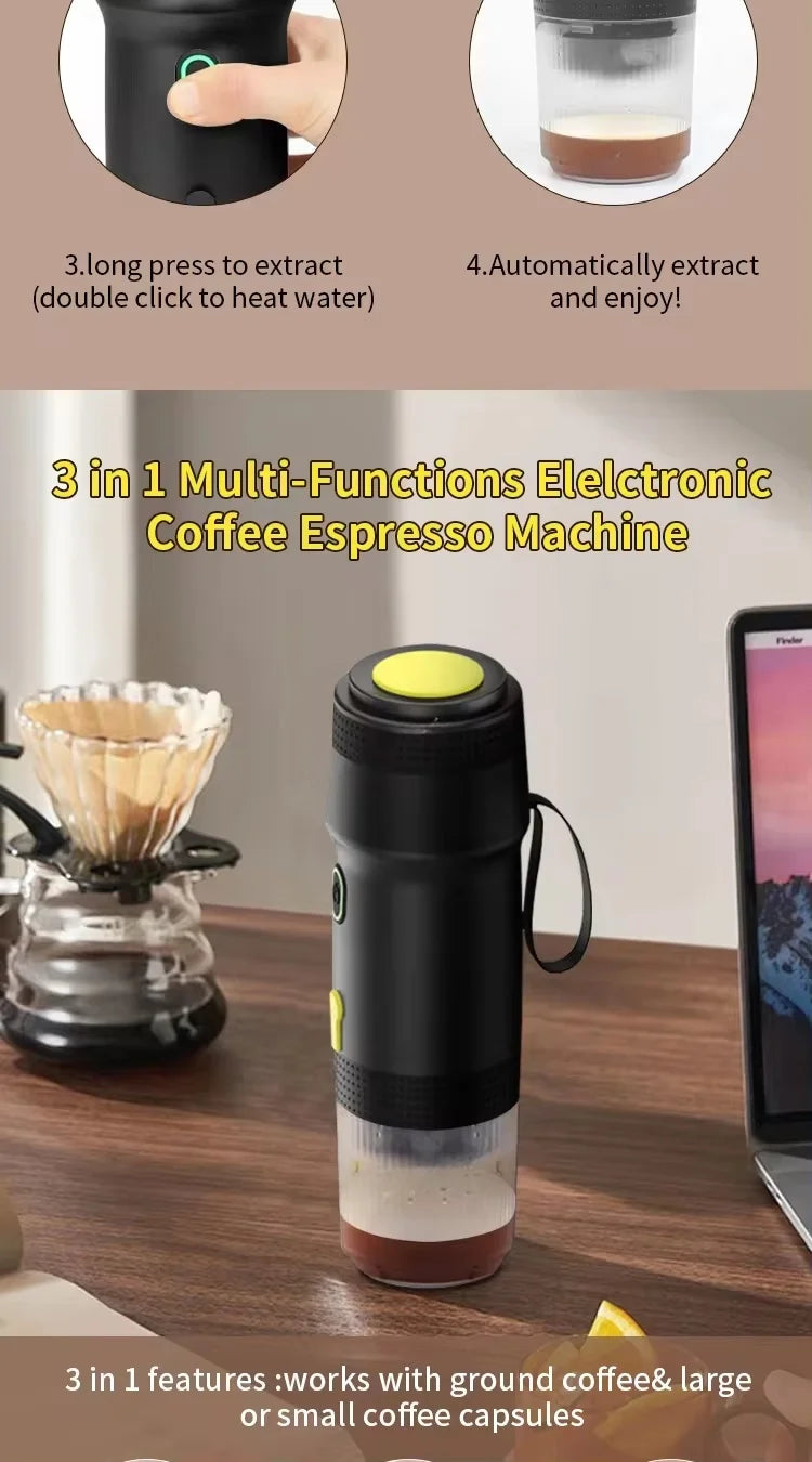 Self Heating Electric Battery Powered 20 Bar Portable USB-C Chargeable Capsule Mini Espresso Machine Travel-Friendly