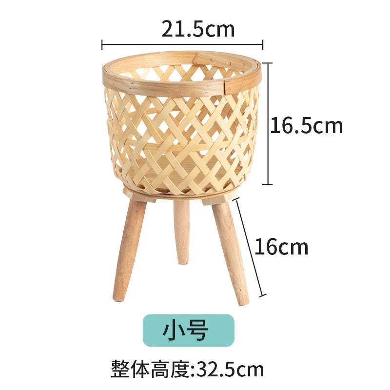 RTS Bamboo Woven Flower Pot Wood Plant Stand Wicker Rattan Plant Basket for Home Decor Balcony Living Room Functional Floor Vase