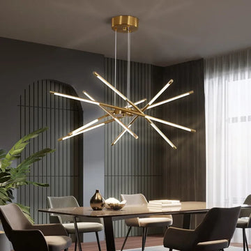 Nordic Simple Modern Sputnik Pendant Lights Dimmable Linear LED Chandelier for Restaurant Living Room E26 Base Long Shape