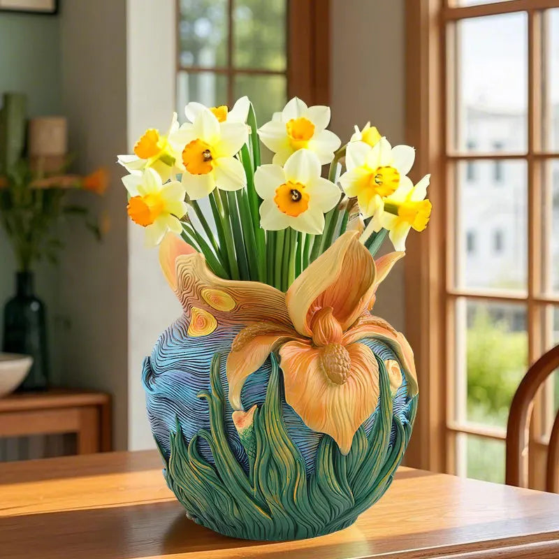Van Gogh Art-Inspired Starry Night Decorative Vase Modern Floral Design for Home Tabletop and Living Room Ornament