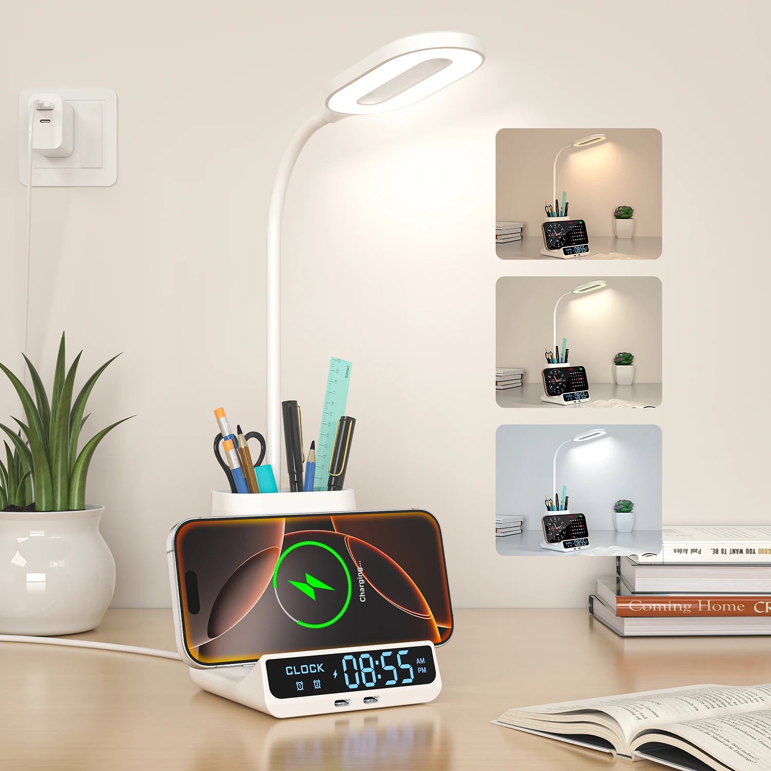Excluded From Sale in India-5in1 Table Desk Lamp Alarm Clock Wireless Charger Wireless Charging Station 15W With Pen Holder