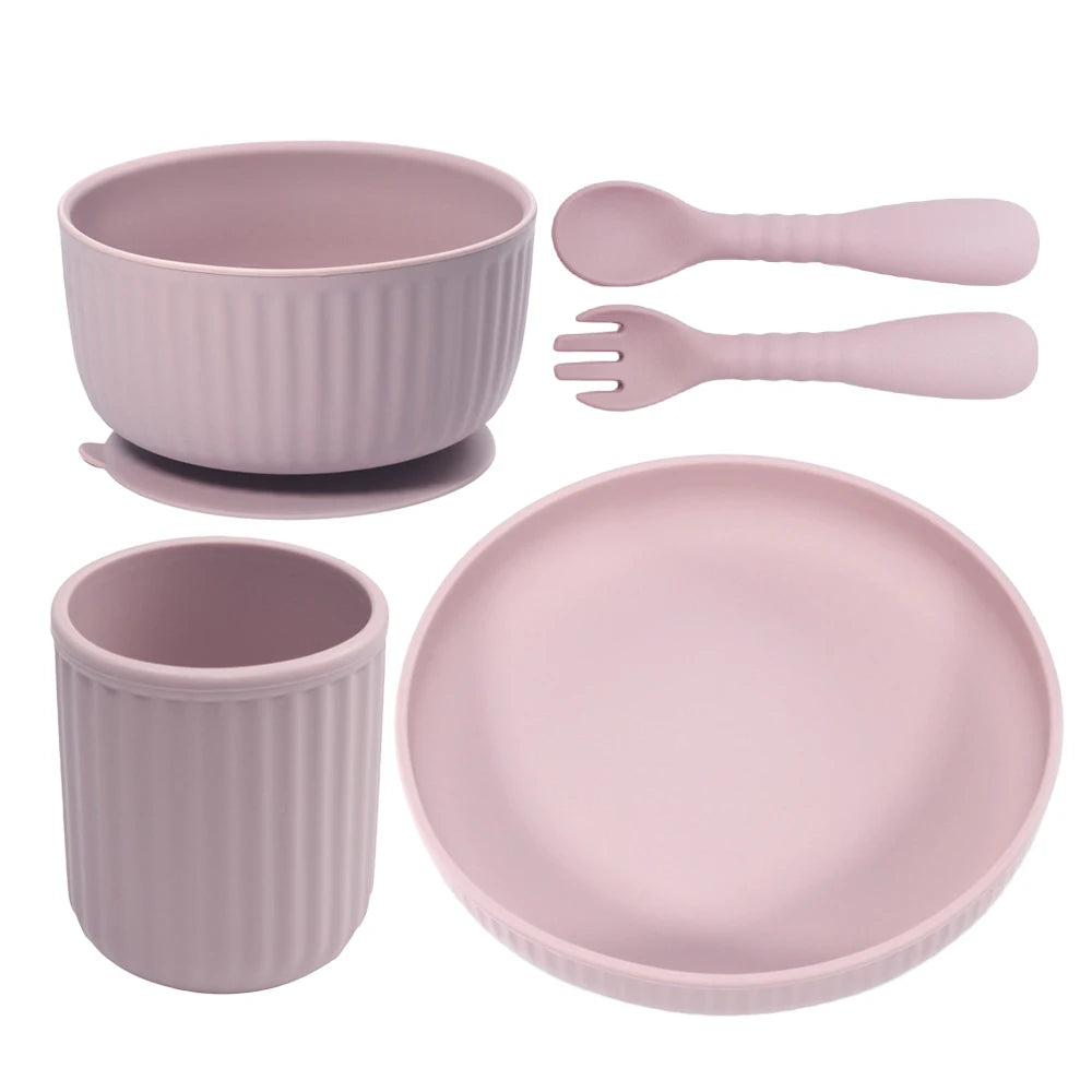 Unbreakable Microwave Safe Slip Resistant Flexible Silicone Baby Toddler Plate Suction Bowl Spoon and Fork Feeding Set