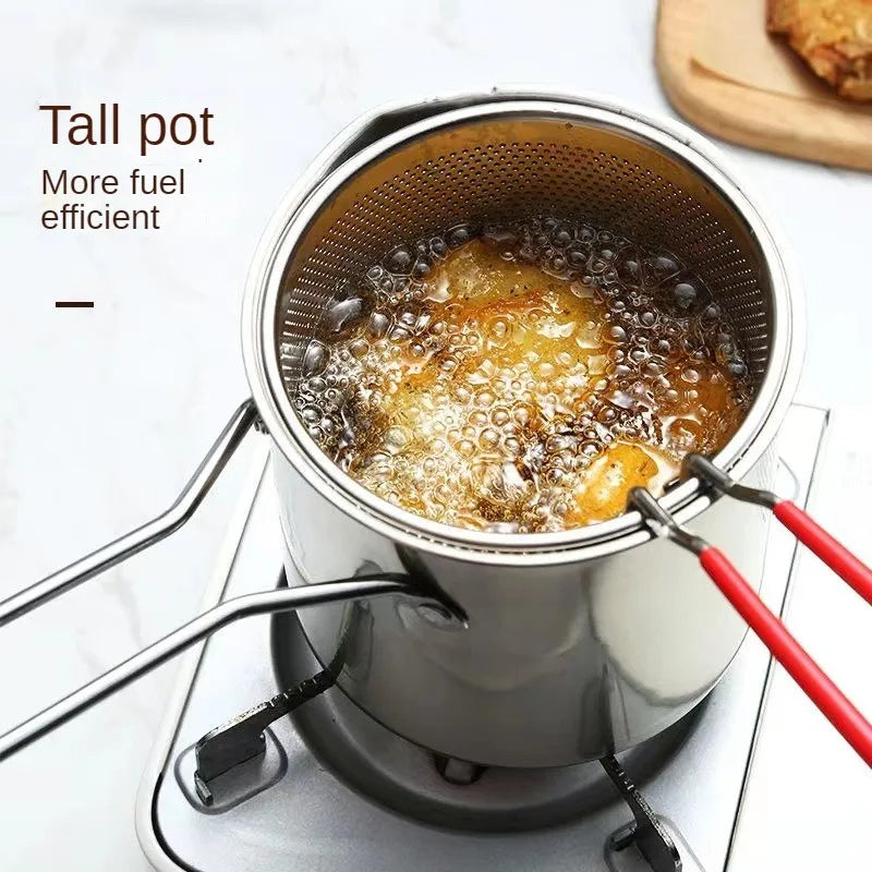 Stainless Steel Oil Fryer Frying Basket Household Tempura Mini Oil Pot Temperature Control Deep Pot Filter Kitchen Gadget
