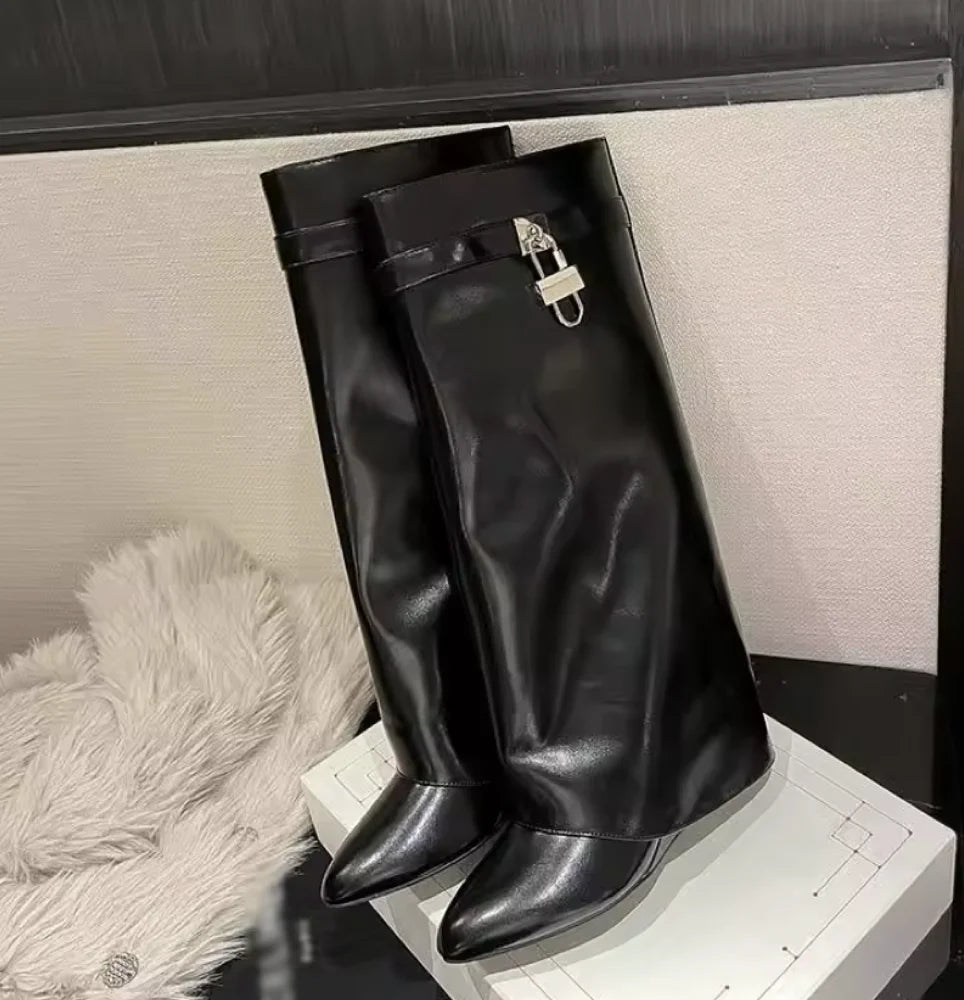 Short/Long Wedge Botas Femininas Salto Women Shark Boots with Lock