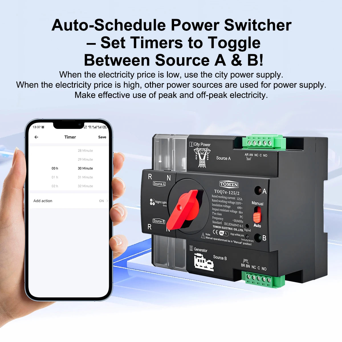TOMZN Din Rail EWelink WIFI Smart ATS Timer 230V Dual Power Automatic Transfer Electrical Selector Switch Uninterrupted 2P 125A