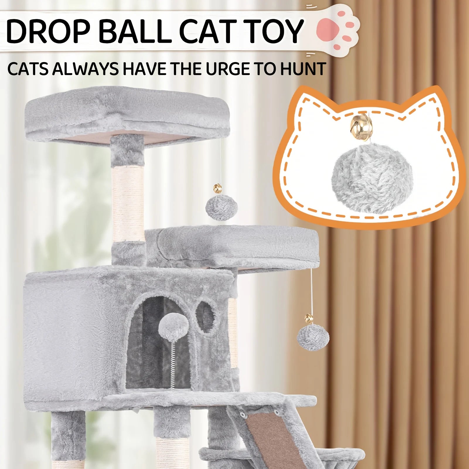 Extra-tall 67-inch Multi-tiered Tree Tower Heavy-duty Structure with Scratching Posts  Integrated cat Bed with Hanging Fur Balls