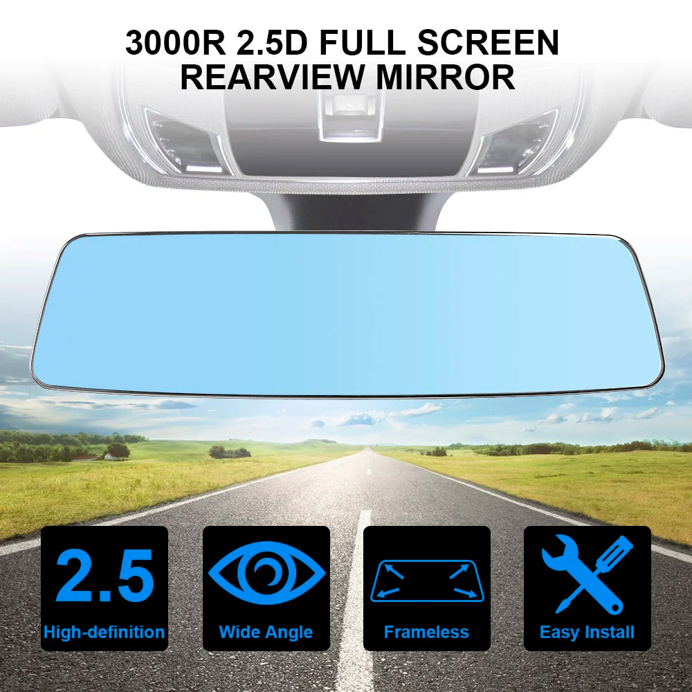 2.5D Full Screen HD Glass Anti-glare Wide-angle Blue Frameless Mirror Car Interior Rear View Mirror 3000R Micro Curvature Lens