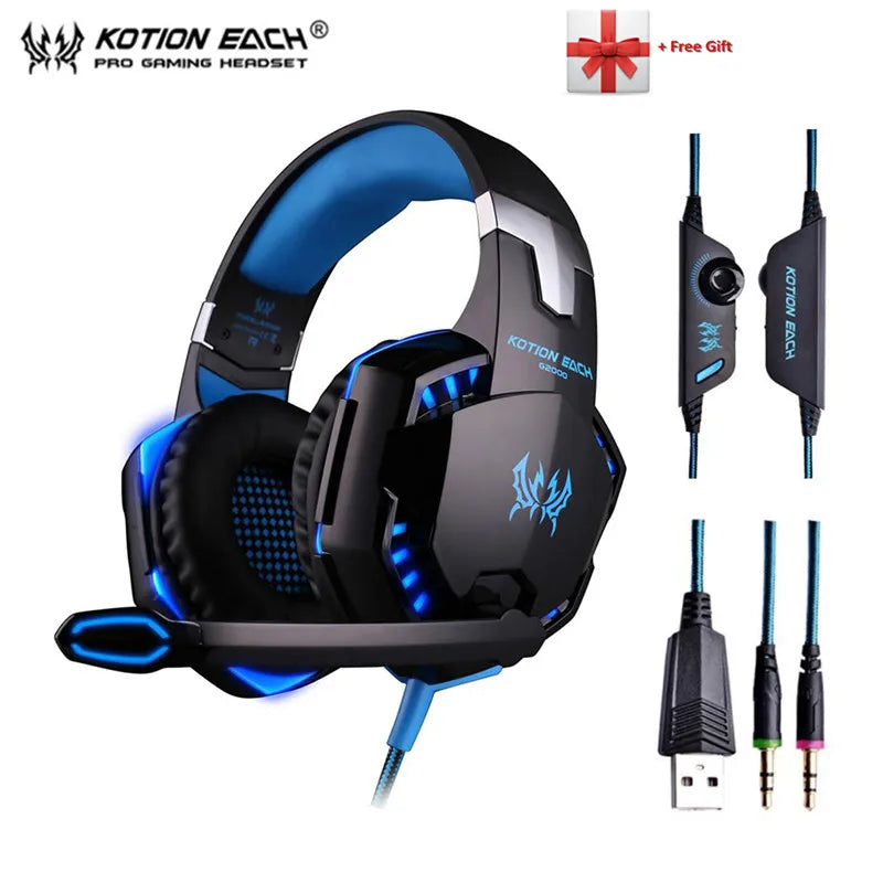 KOTION EACH G2000 Gaming Headset Stereo Hifi Game Headphones with Mic LED Light Gamer Earphone for PC Computer Gamer PS4 XBOX