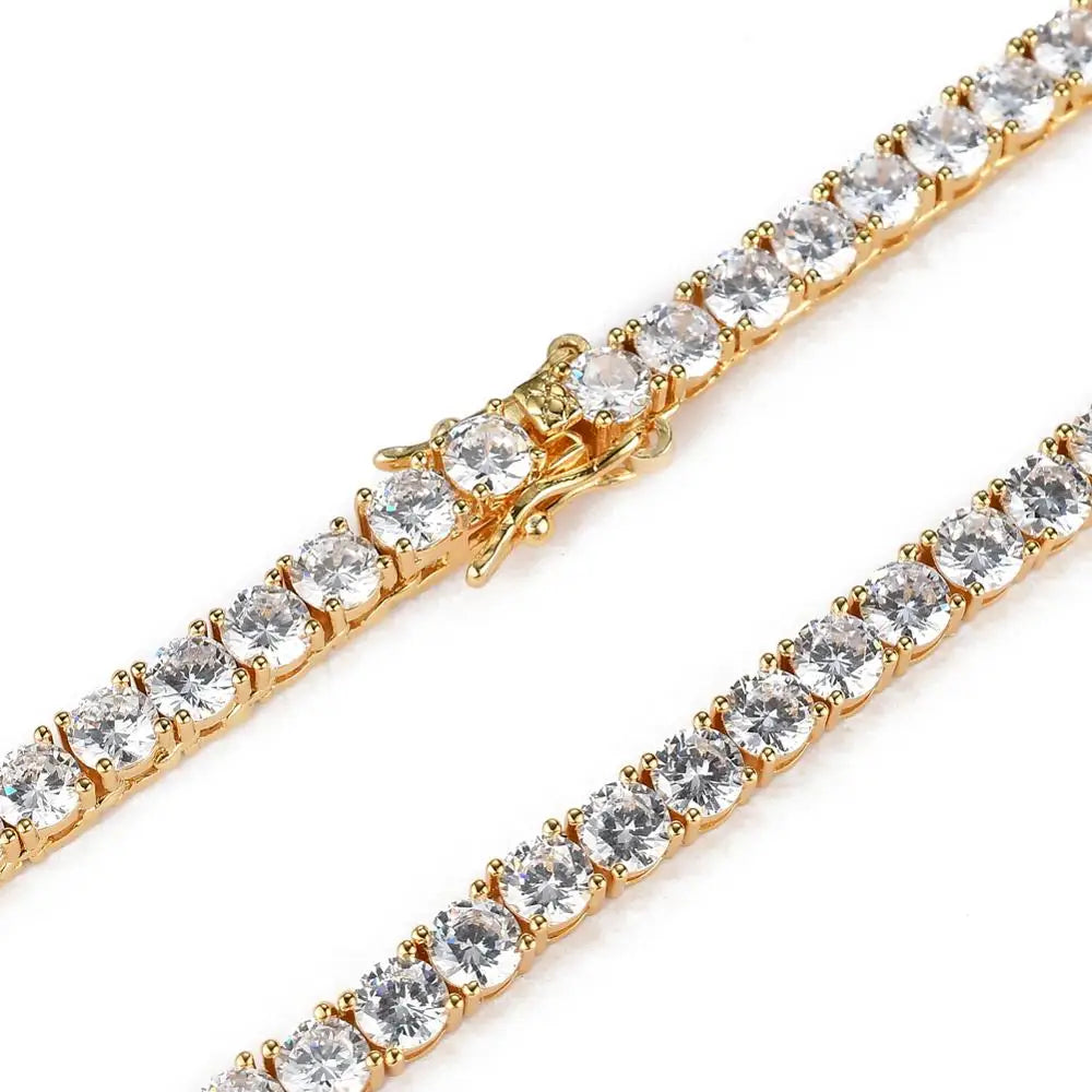 BC019 3mm 4mm 5mm Brass Zircon Tennis Chain 1 Row Necklace Hip Hop Bling Jewelry Gold Silver CZ Tennis Chain Necklace Iced Out