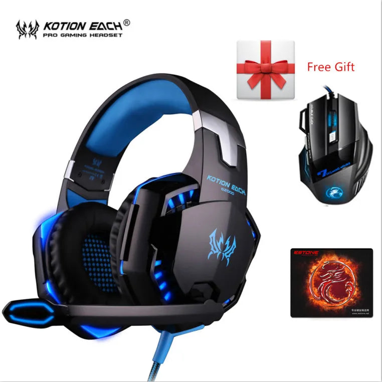 KOTION EACH G2000 Gaming Headset Stereo Hifi Game Headphones with Mic LED Light Gamer Earphone for PC Computer Gamer PS4 XBOX