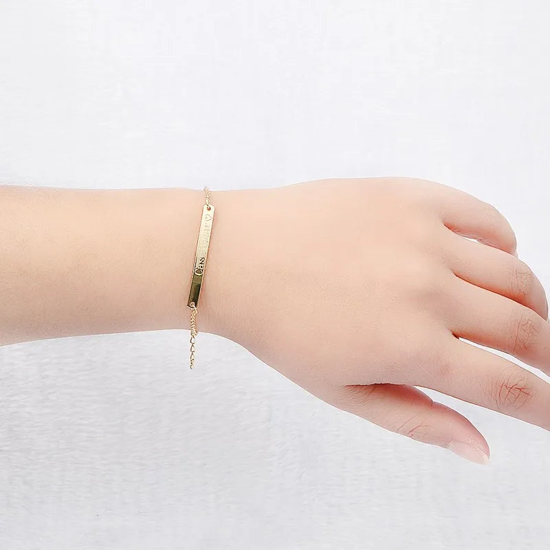 Custom Name Engraved Bracelet Delicate Stacking Gold Minimal Message Engrave Skinny bar Bracelet Bridesmaid Jewelry