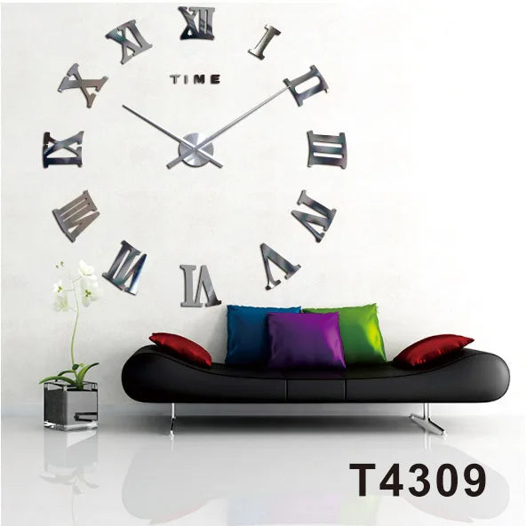 ATOMIC Wall Clock Mirror Wall Sticker Clocks Home Decor Quartz Modern big size clock with 3D Roman Numbers and long hands