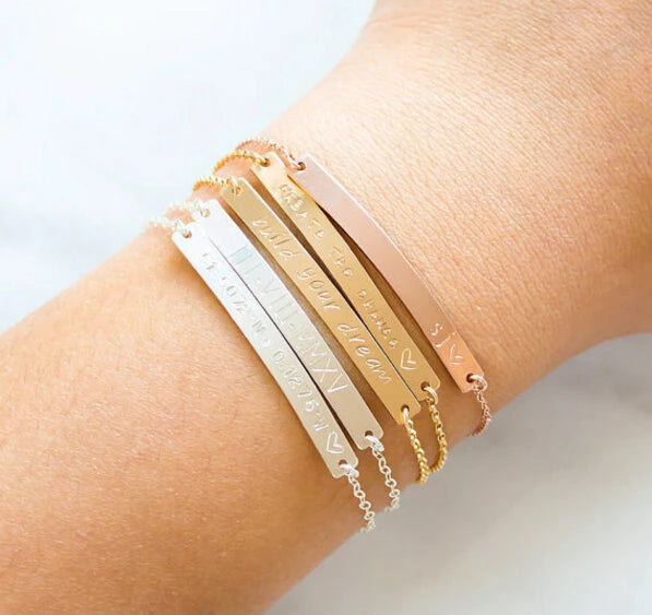 Custom Name Engraved Bracelet Delicate Stacking Gold Minimal Message Engrave Skinny bar Bracelet Bridesmaid Jewelry
