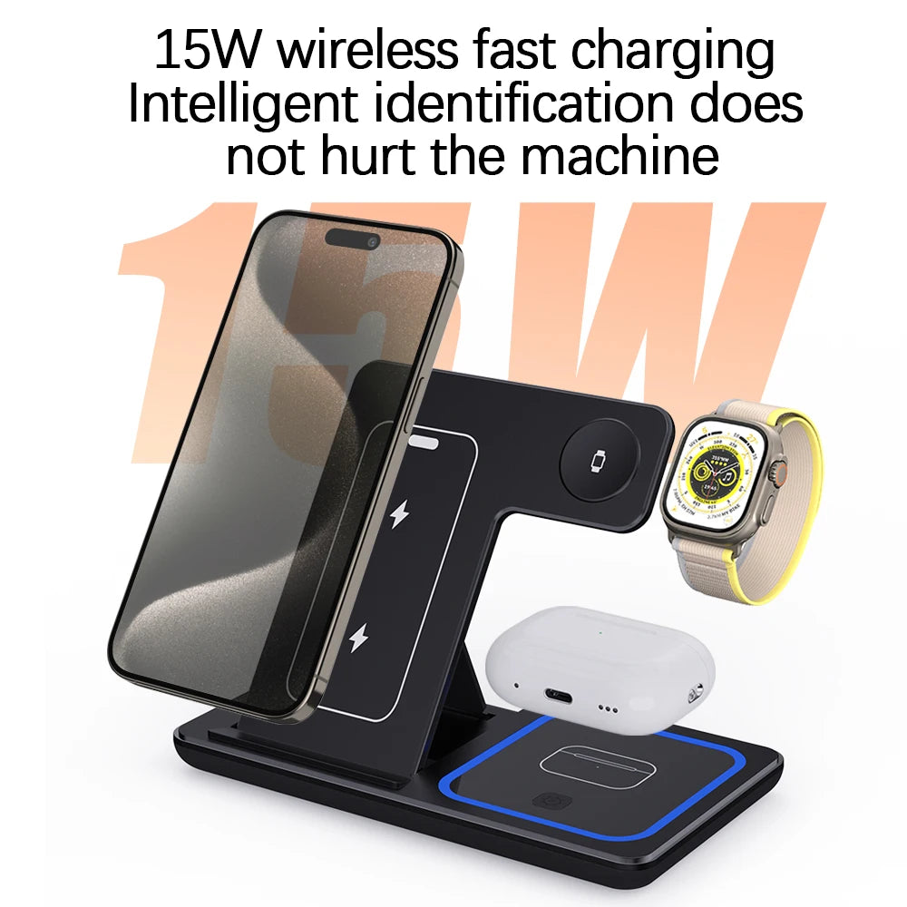 Wholesale Portable 3 in 1 Multifunction Fast Wireless Charging Stand 15w Phone 3 in 1 Foldable Wireless Charger