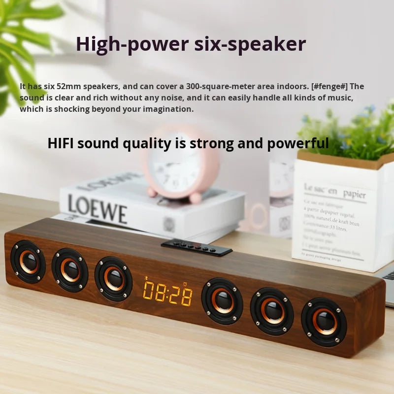 K6 Multifunctional Home Theatre Soundbar Speaker with RGB LED Lighting Wooden for Bluetooth Subwoofer Clock Alarm Battery