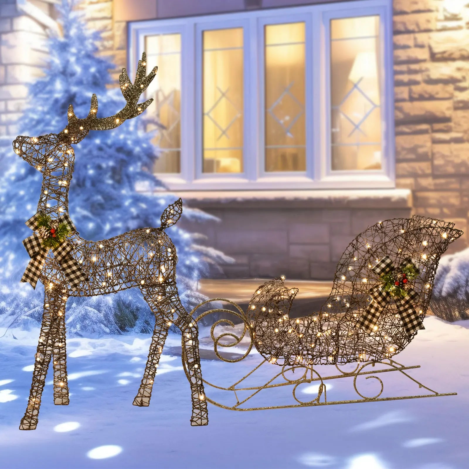 Christmas decorative lights, Christmas reindeer sleigh, two-piece set, outdoor, garden, lawn, and patio decoration