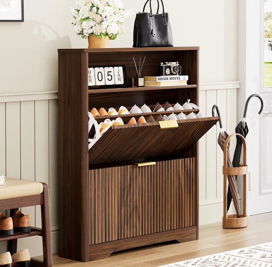 Solid Wood Modern Shoe Cabinet Storage Entryway Hidden Shoes 2 Flip Drawers Tall Free Standing Shoe Organizer Rack Foyer