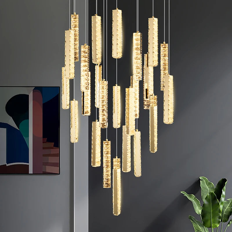 Modern Luxury Large High Ceiling Spiral Stairs Lamp Led Pendant Light Long Staircase Crystal Chandelier