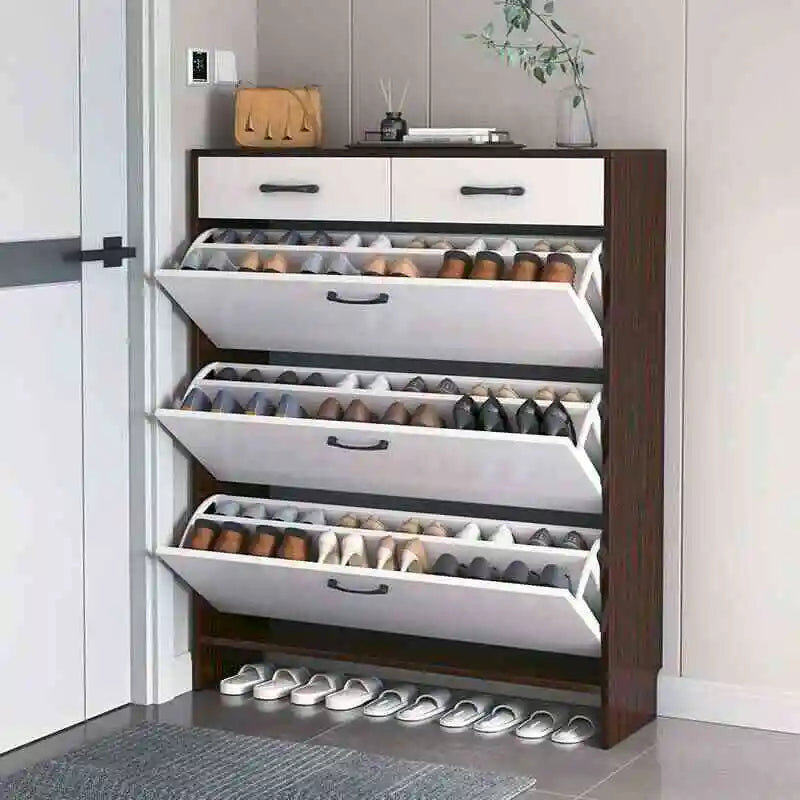 Modern Luxury 2-Tier White Shoe Storage Bench Wooden MDF Home Furniture Hidden Storage
