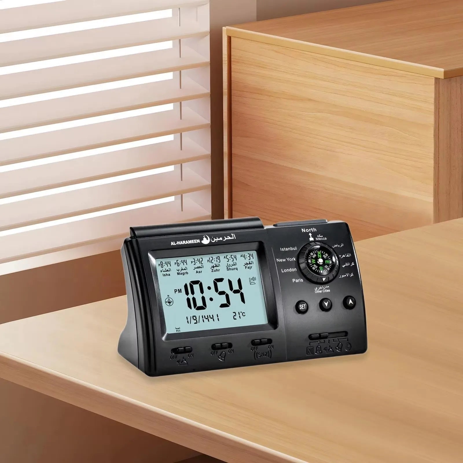 Muslim Tabletop Clock w Adhan Alarm Islamic Azan Time for Prayer Qiblah Direction Temp Display LED Light Hijir Calendar