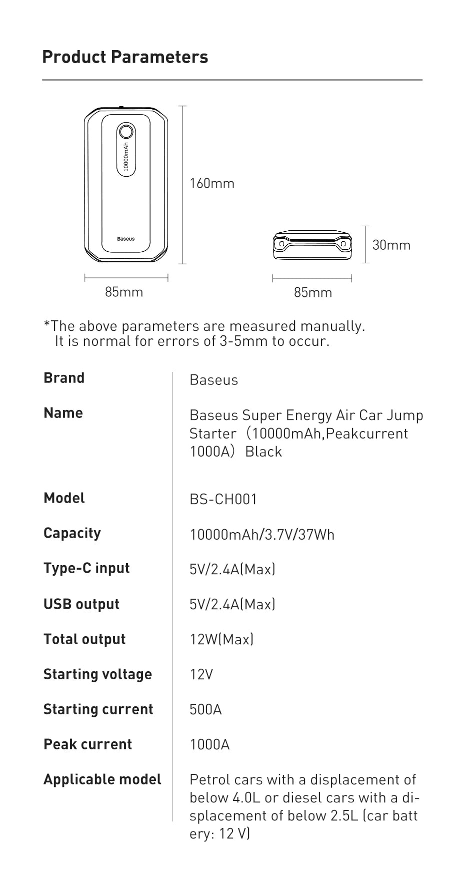 Baseus Car Jump Starter Power Bank 2000A / 1000A 12V Portable Battery Charger Auto 12V Emergency Booster Starting Device