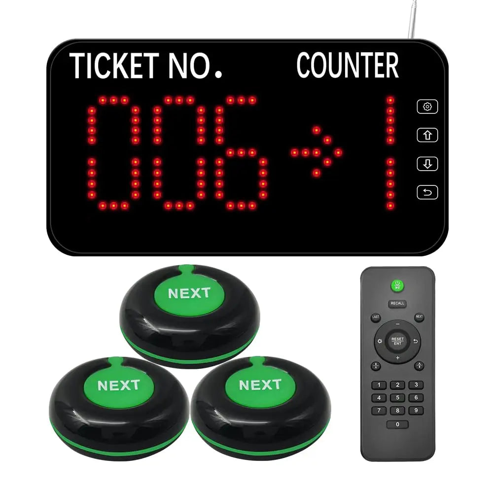 Take a Number Machine Wireless Queue Management System 3pcs NEXT Control Call Button & 1 Counter Display English Voice Broadcast