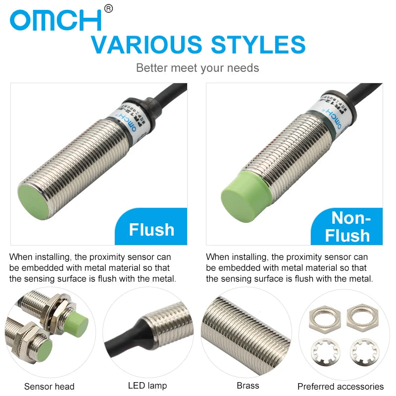 OMCH PR12 Flush Metal Inductive Proximity Sensor with NPN PNP Output SWITCH 2mm Detection Distance