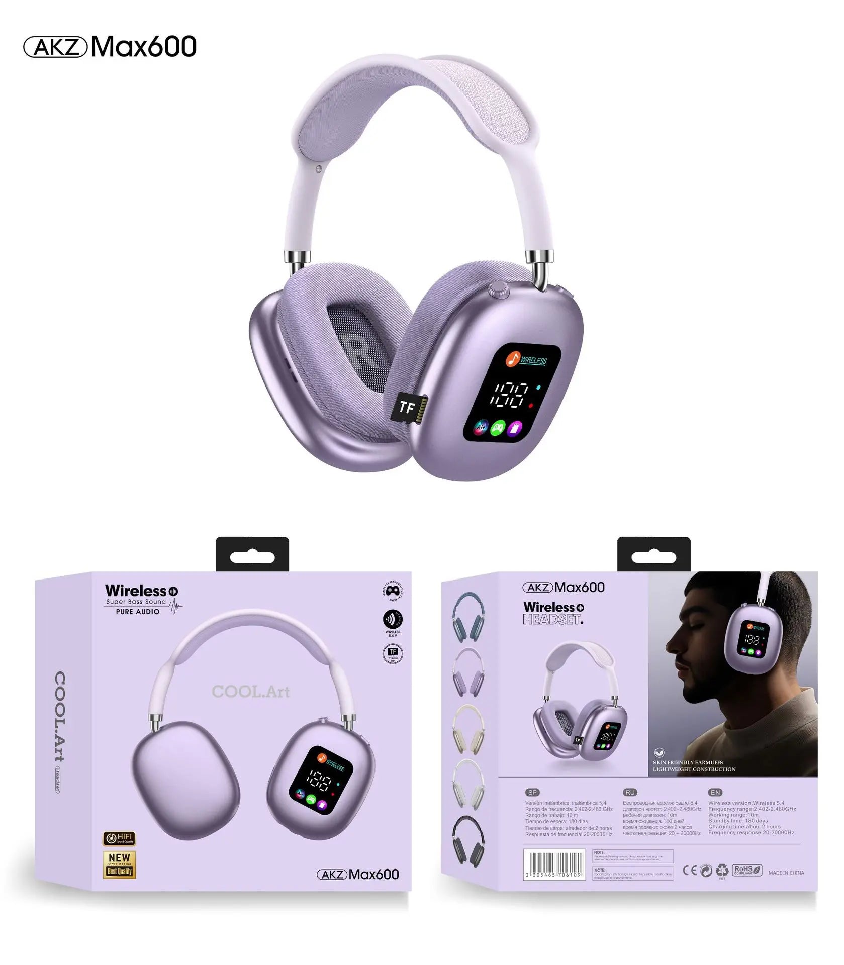 Factory Private Model Headband Dynamic Wireless Earphones RGB Lighting IPX5 Waterproof Screen On-ear & Over-ear Headphones
