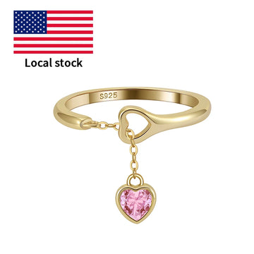 RINNTIN SR332 USA Local Stock Fine Jewelry Tassel Chain Heart Zircon Finger Ring S925 Sterling Silver Adjustable Ring for Women