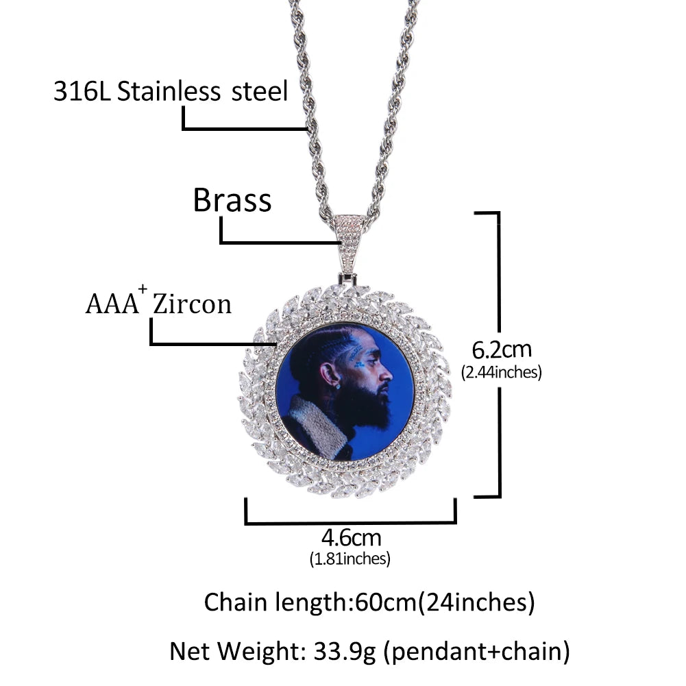 Bling CZ Custom Circle Sublimation Photo Pendant Hip Hop Picture Pendant Necklace With Tennis Chain Rope Chain