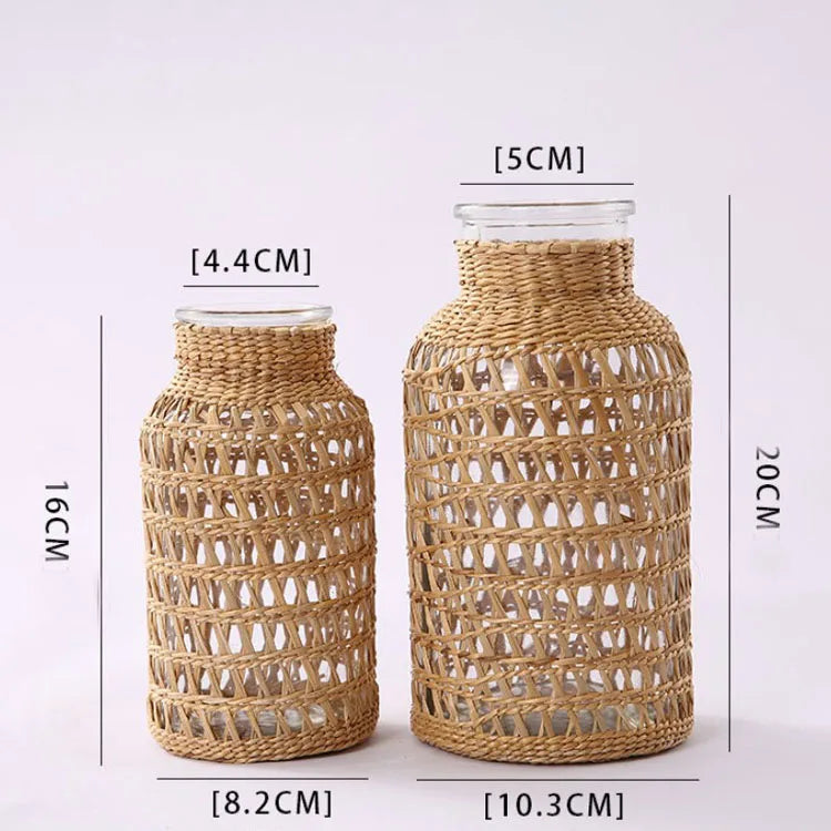 Home Decoration American Style Rustic Clear Woven Linen Woven Vase Glass for Garden Lass Rattan Vase