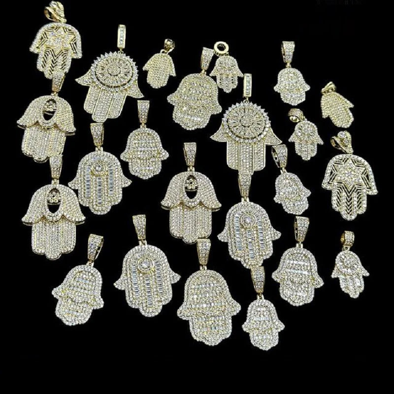 Hamsa Hand Pendant Collection Micro Pave 5a Cz Hip Hop Men Bling Lucky Turkish Jewelry Necklace