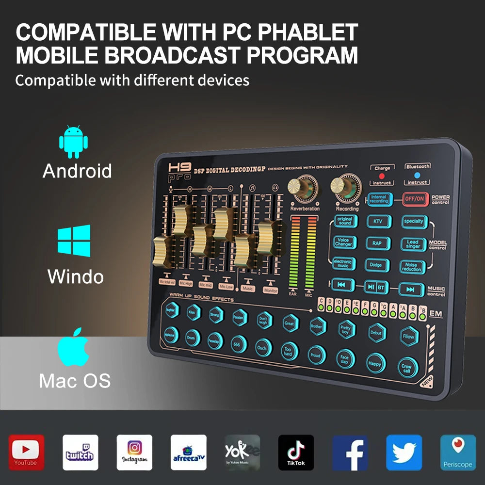 All in One Sound Card Titok Podcast Equipment Set V-H9 20 Sound Effects Sound Card for Broadcast Recording Streaming Gaming