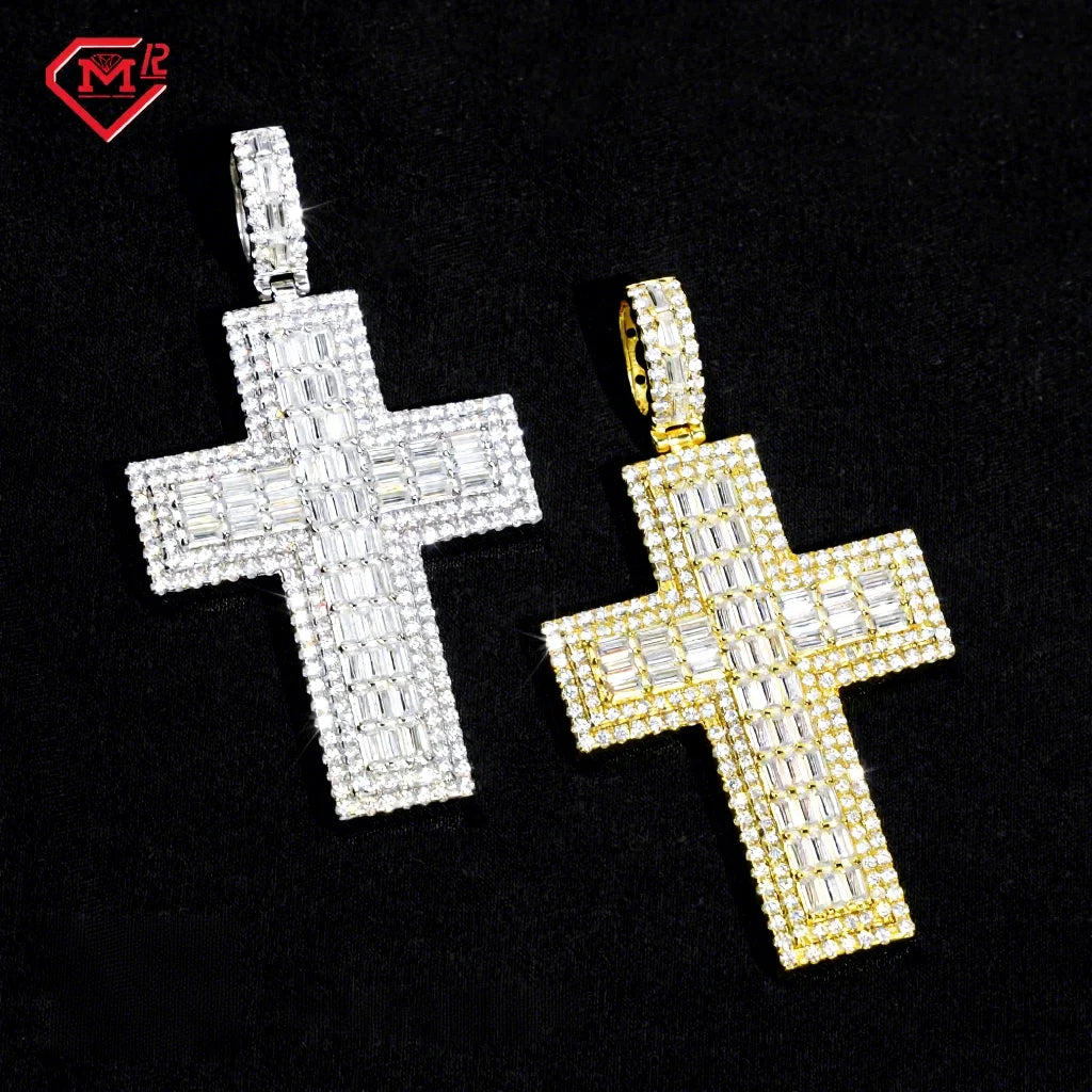Fine Jewelry VVS Baguette Moissanite Cross Charms 925 Silver Fully Iced Out Pass Diamond Tester Moissanite Pendant