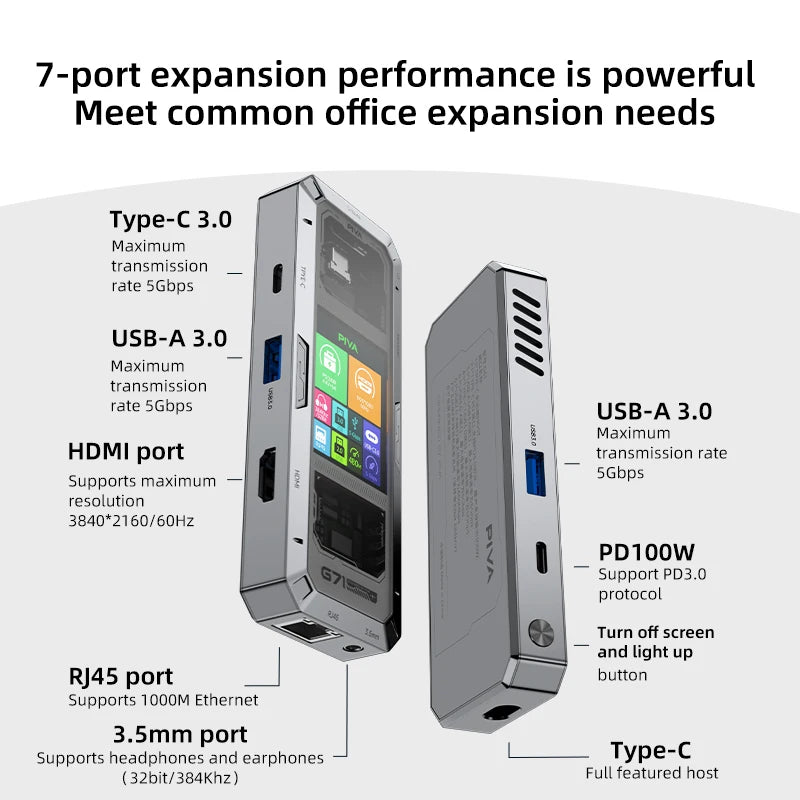 G71 7 in 1 Aluminum Alloy Office Docking Station Smart Screen Display for 2.0 Type-C to USB 3.0 HUB PD100W Adapter in Stock