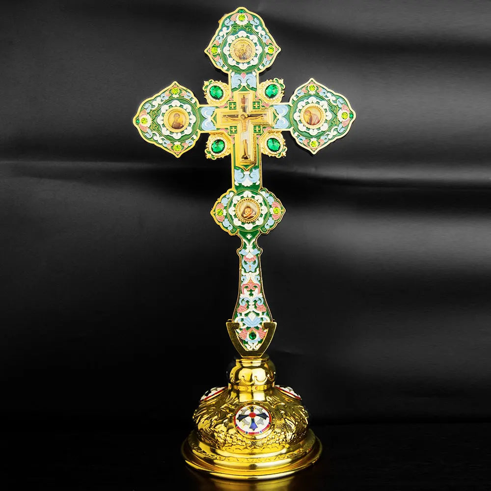 HT 2026 New Metal Cross Religious Jesus Icon Alloy Cross Standing Crucifix Decorative Orthodox Hand Cross Religious Gift